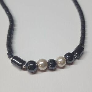 Hematite and Faux Pearl Necklace
